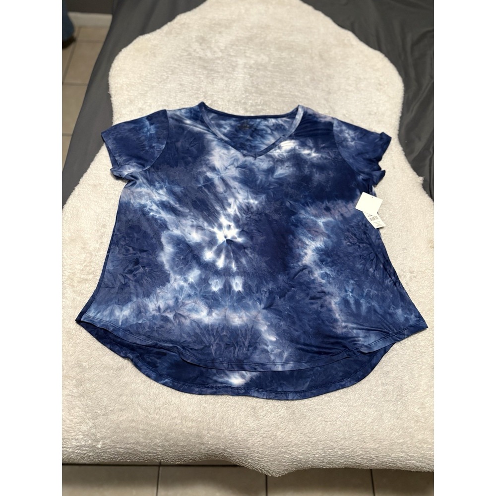 Bobbie Brooks 2X Plus Size Blue Tie Dye V-Neck Tee Shirt Curved Hem Top